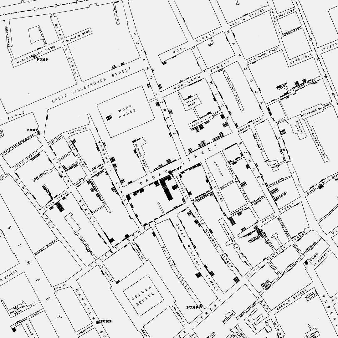 Infographics save lives. John Snow's original map of 1854, mapping incidences of cholera around the broad street pump